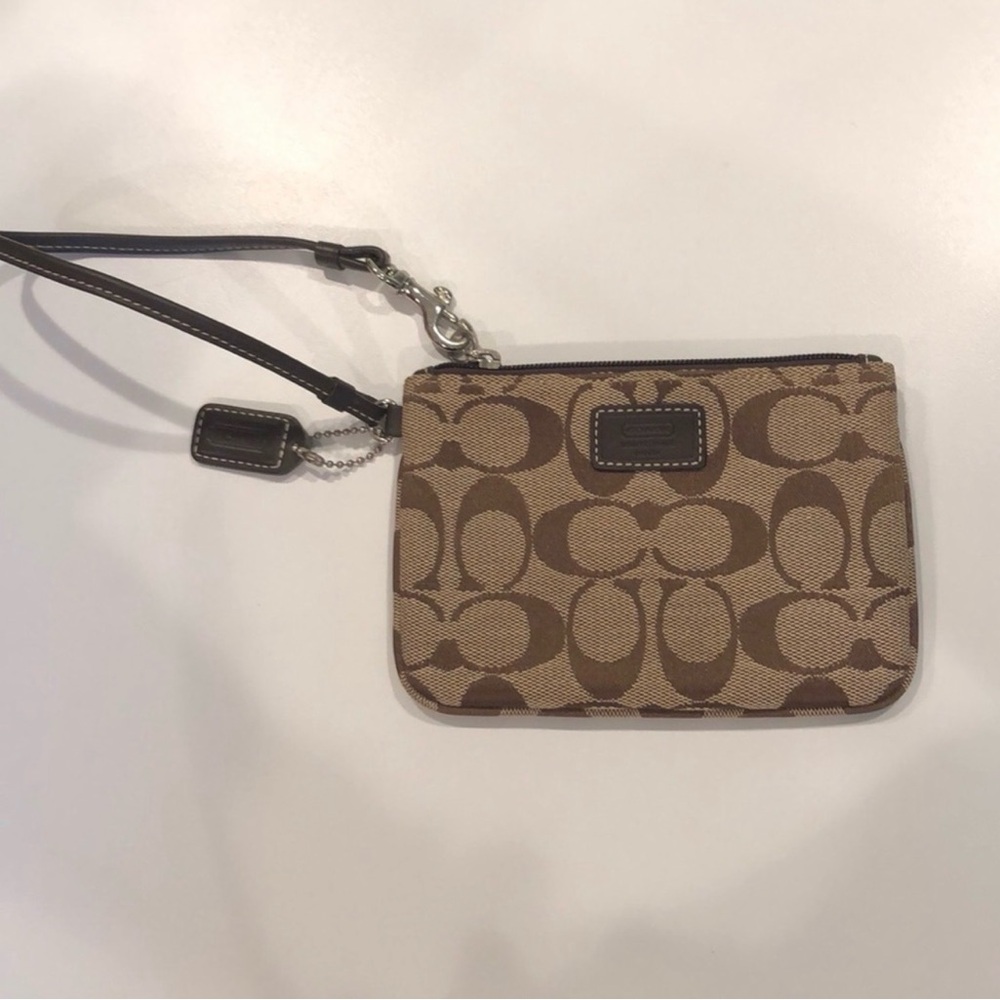 Coach Leather Wristlet Tag and Strap - Dark Brown with Cream Stitching